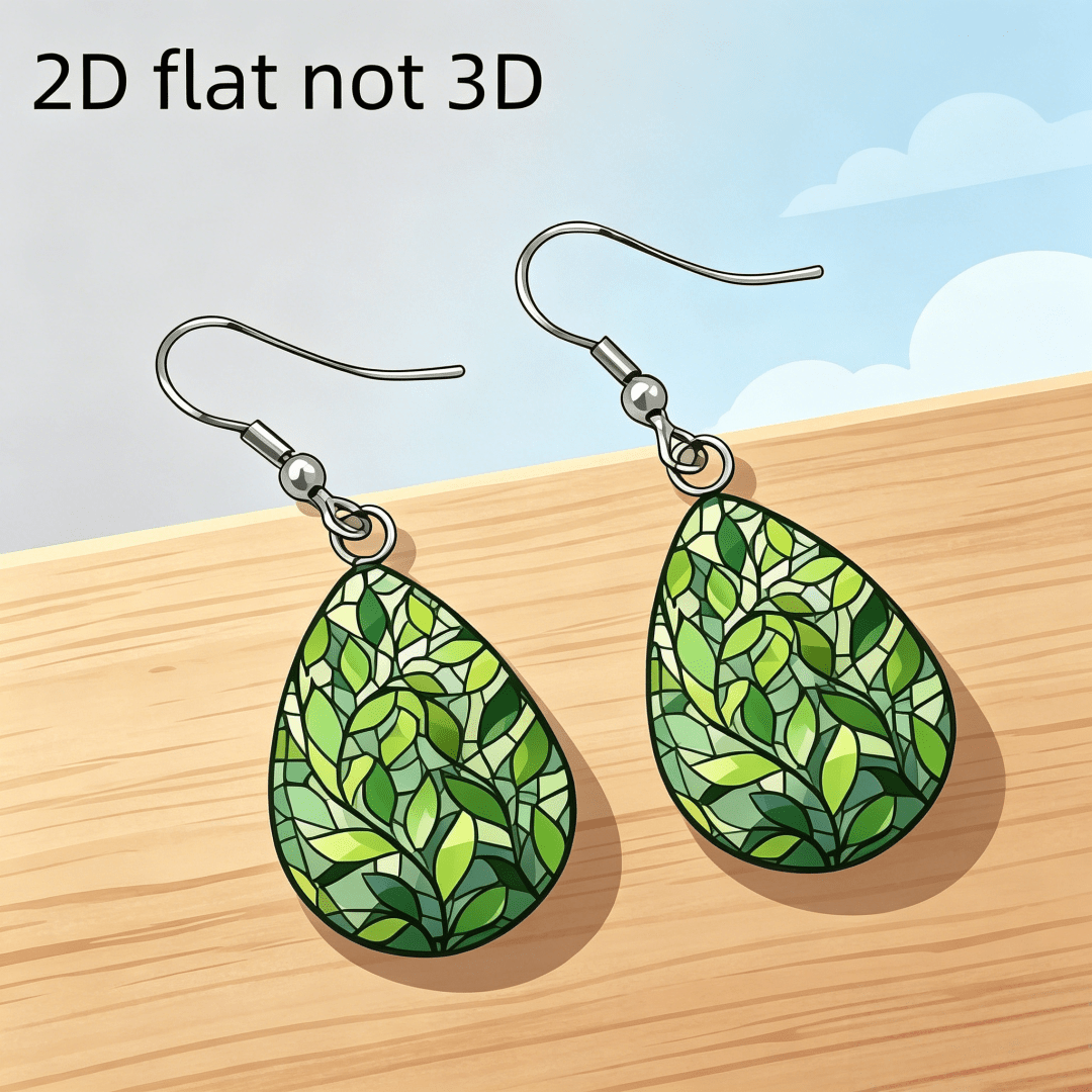 2D Flat Green Leaf Stained Glass Teardrop Dangle Earrings